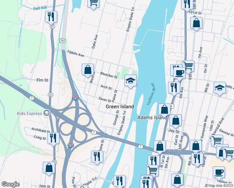 map of restaurants, bars, coffee shops, grocery stores, and more near 156 Paine Street in Green Island