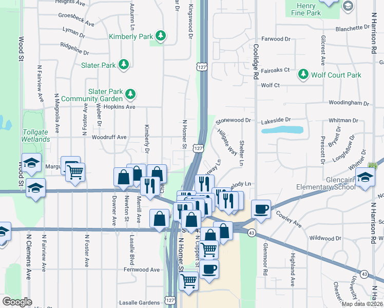 map of restaurants, bars, coffee shops, grocery stores, and more near 3012 Belmar Circle in Lansing