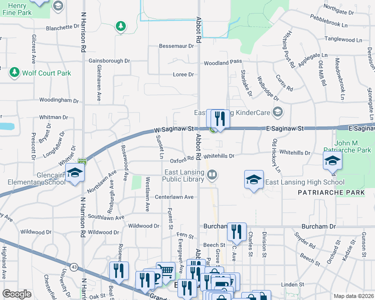 map of restaurants, bars, coffee shops, grocery stores, and more near 1124 Sabron Drive in East Lansing