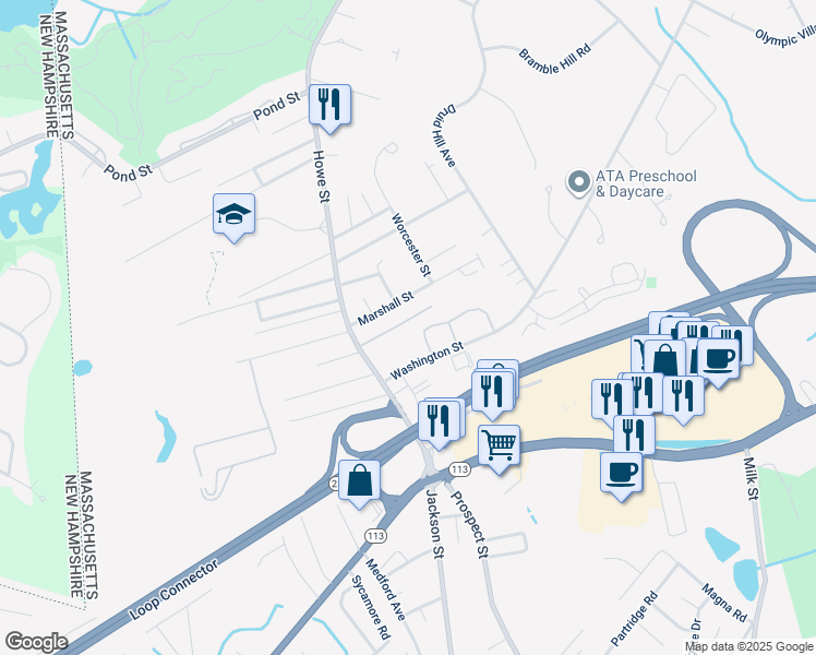 map of restaurants, bars, coffee shops, grocery stores, and more near 21 Rossi Street in Methuen