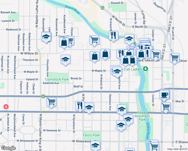map of restaurants, bars, coffee shops, grocery stores, and more near 1018 North Chestnut Street in Lansing