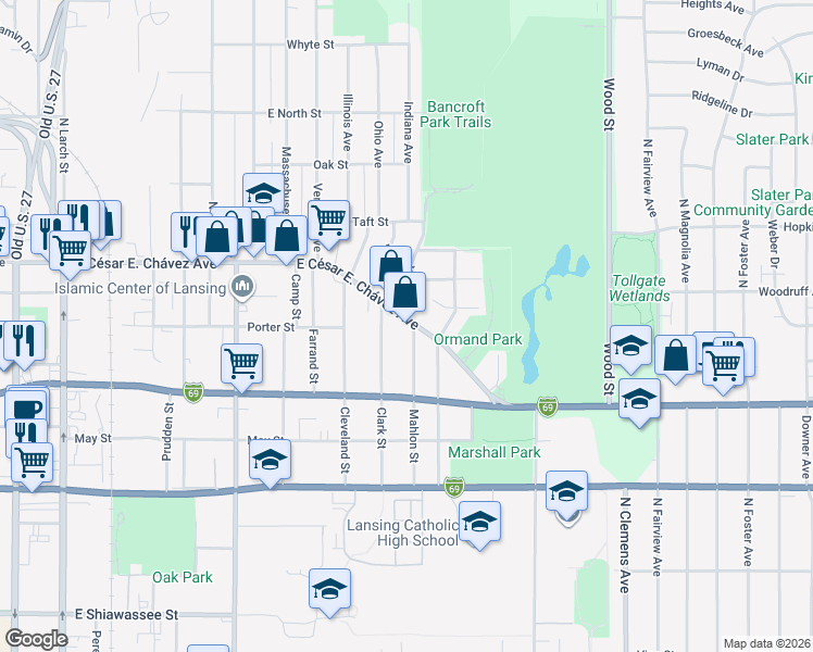 map of restaurants, bars, coffee shops, grocery stores, and more near 1422 East Grand River Avenue in Lansing