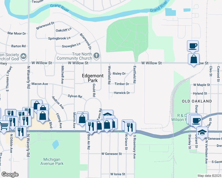 map of restaurants, bars, coffee shops, grocery stores, and more near 1010 Westfield Road in Lansing
