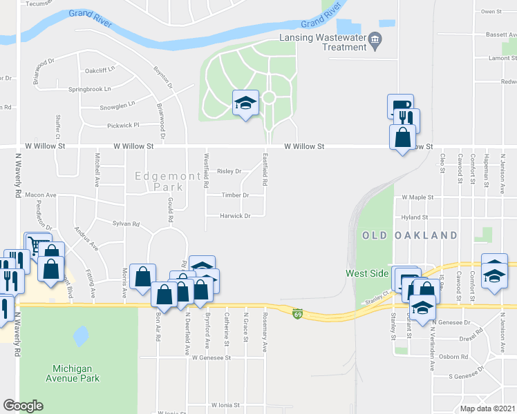 map of restaurants, bars, coffee shops, grocery stores, and more near 1007 Eastfield Road in Lansing