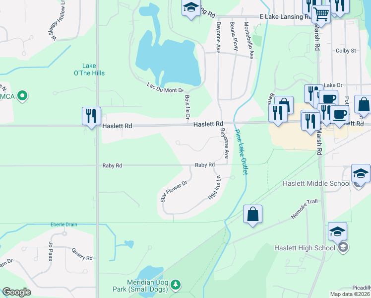 map of restaurants, bars, coffee shops, grocery stores, and more near 1915 Creek Landing in Meridian charter Township