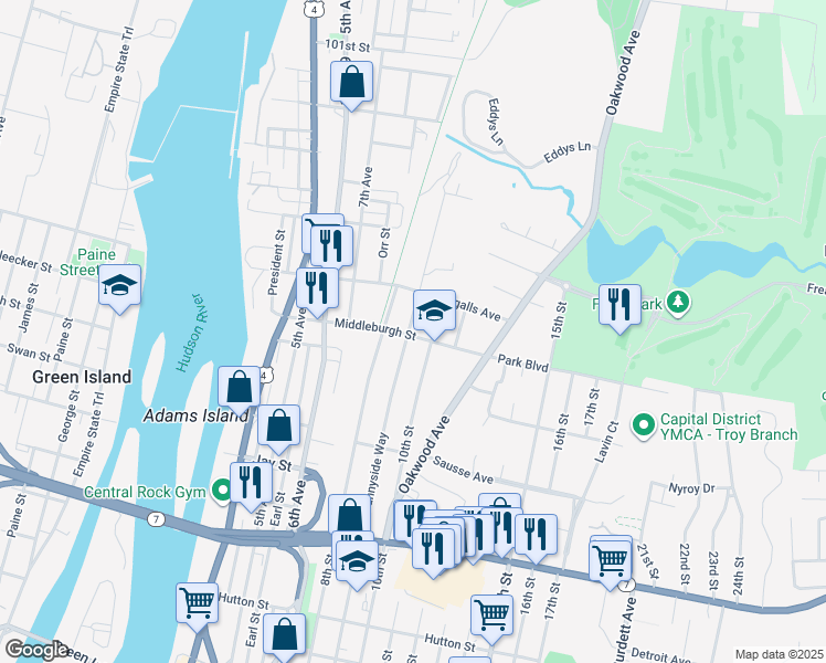 map of restaurants, bars, coffee shops, grocery stores, and more near 68 Middleburgh Street in Troy