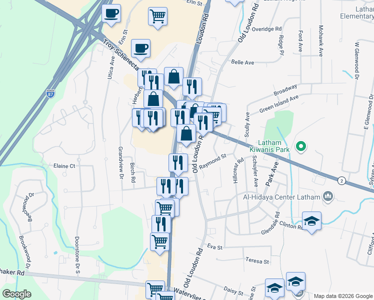 map of restaurants, bars, coffee shops, grocery stores, and more near 775 New Loudon Road in Latham