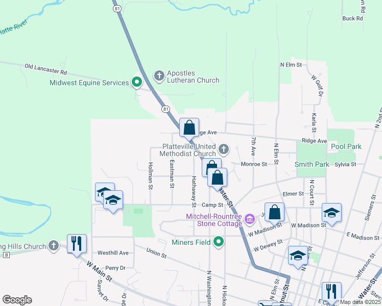map of restaurants, bars, coffee shops, grocery stores, and more near 1150 Hathaway Street in Platteville