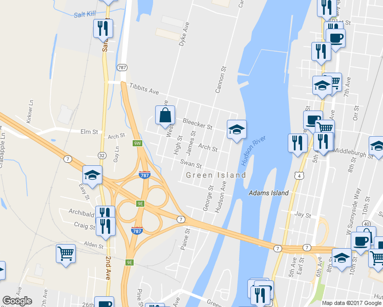 map of restaurants, bars, coffee shops, grocery stores, and more near 40 James Street in Green Island