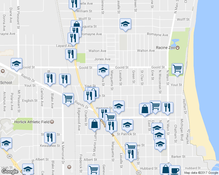 map of restaurants, bars, coffee shops, grocery stores, and more near 1105 Yout Street in Racine