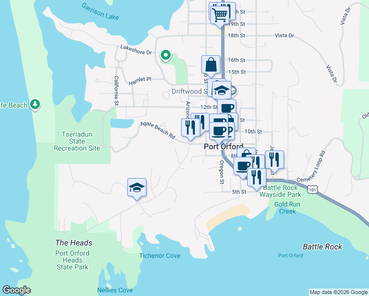 map of restaurants, bars, coffee shops, grocery stores, and more near North 9th Street in Port Orford