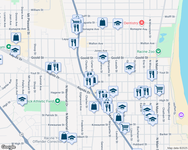 map of restaurants, bars, coffee shops, grocery stores, and more near 1211 Yout Street in Racine