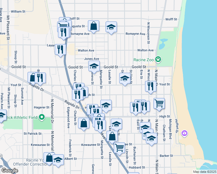 map of restaurants, bars, coffee shops, grocery stores, and more near 1928 Lasalle Street in Racine