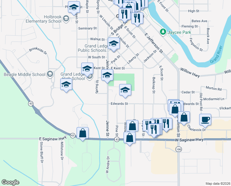 map of restaurants, bars, coffee shops, grocery stores, and more near 111 Edwards Street in Grand Ledge