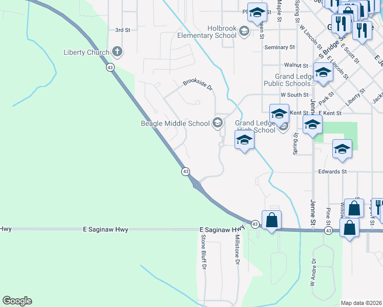 map of restaurants, bars, coffee shops, grocery stores, and more near 122 Registry Drive in Grand Ledge
