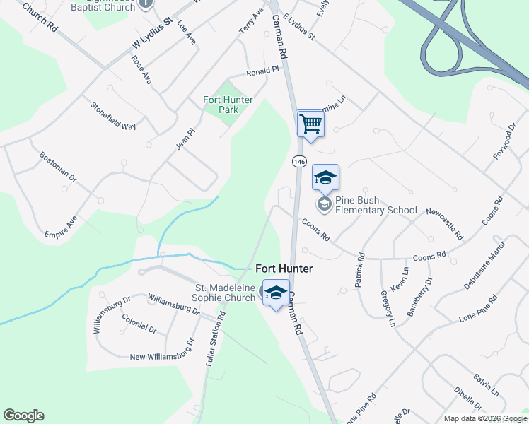 map of restaurants, bars, coffee shops, grocery stores, and more near 7141 Fuller Station Road in Schenectady
