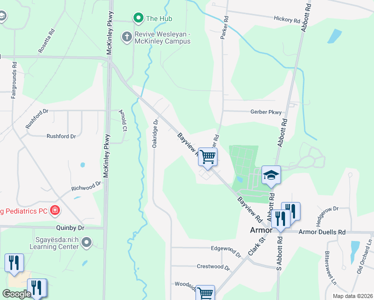 map of restaurants, bars, coffee shops, grocery stores, and more near 5220 Bayview Road in Hamburg