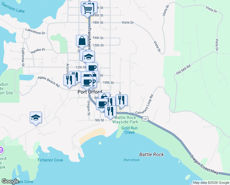 map of restaurants, bars, coffee shops, grocery stores, and more near 235 North 9th Street in Port Orford