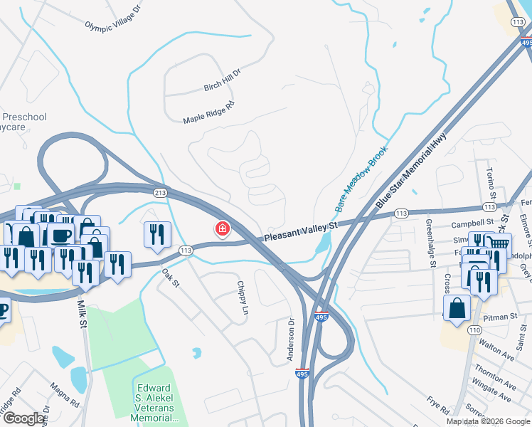 map of restaurants, bars, coffee shops, grocery stores, and more near 142 Pleasant Valley Street in Methuen