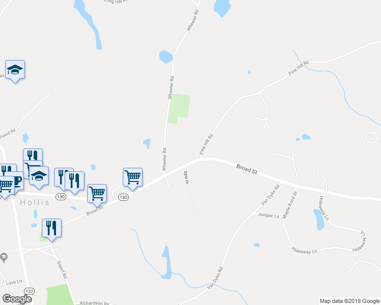 map of restaurants, bars, coffee shops, grocery stores, and more near 2 Pine Hill Road in Hollis