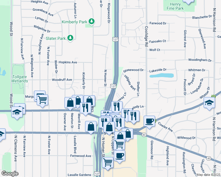 map of restaurants, bars, coffee shops, grocery stores, and more near 3012 Belmar Circle in Lansing