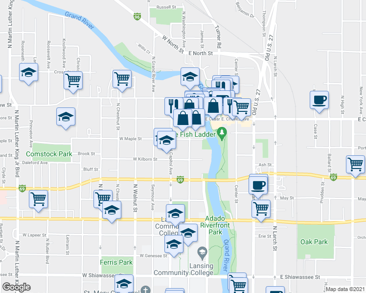 map of restaurants, bars, coffee shops, grocery stores, and more near 1016 North Washington Avenue in Lansing