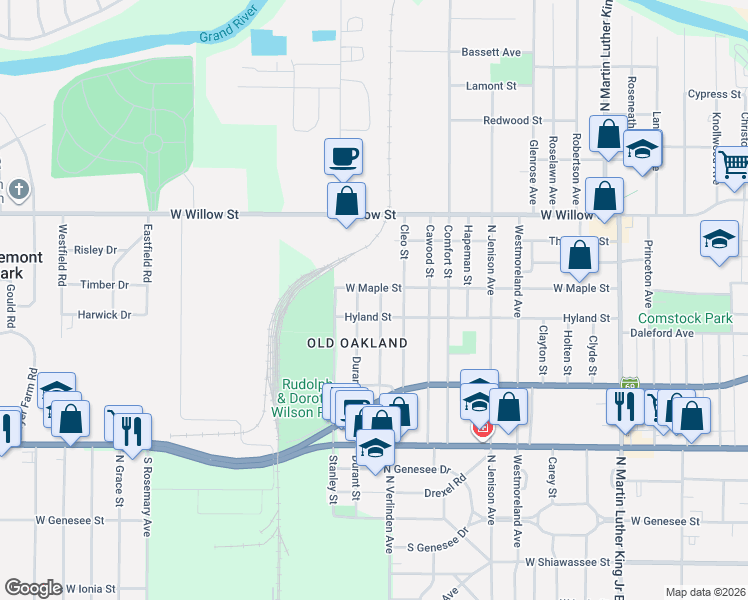 map of restaurants, bars, coffee shops, grocery stores, and more near 1014 North Verlinden Avenue in Lansing