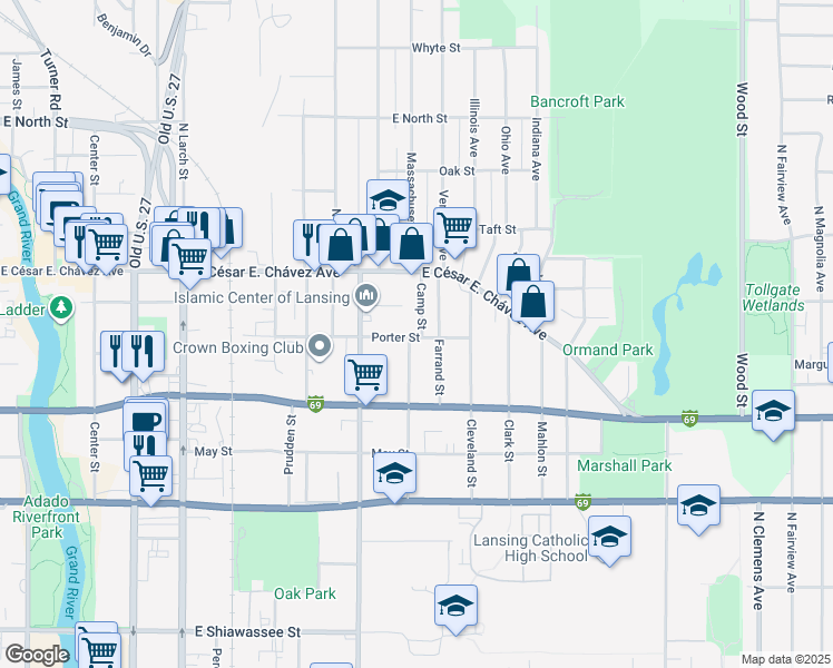 map of restaurants, bars, coffee shops, grocery stores, and more near 1103 Camp Street in Lansing