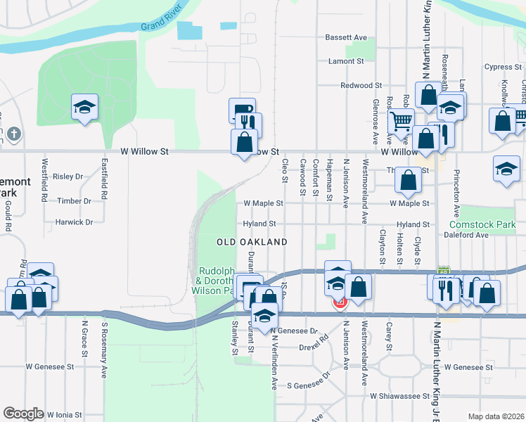 map of restaurants, bars, coffee shops, grocery stores, and more near 1014 North Verlinden Avenue in Lansing