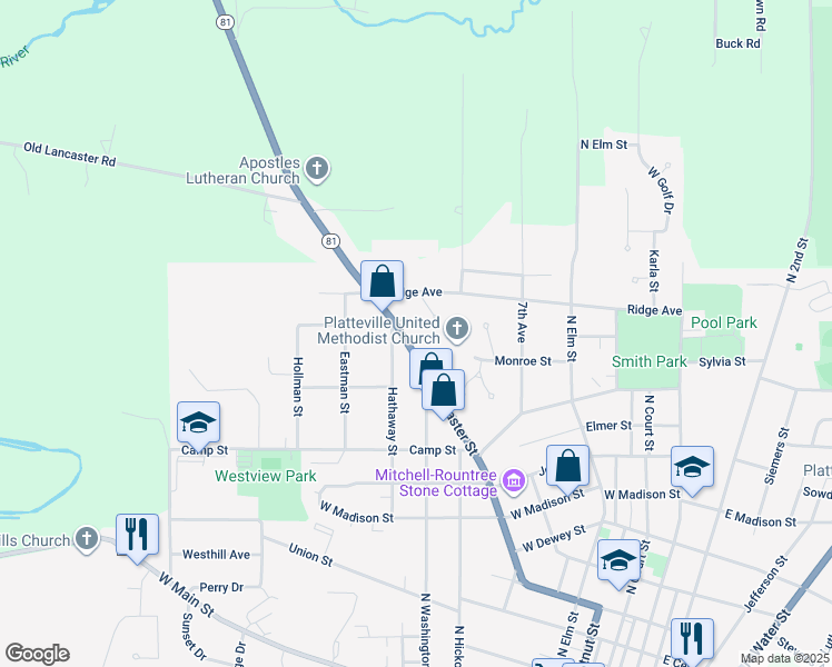 map of restaurants, bars, coffee shops, grocery stores, and more near 1255 Lancaster Street in Platteville