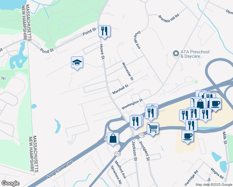 map of restaurants, bars, coffee shops, grocery stores, and more near 9 Marshall Street in Methuen
