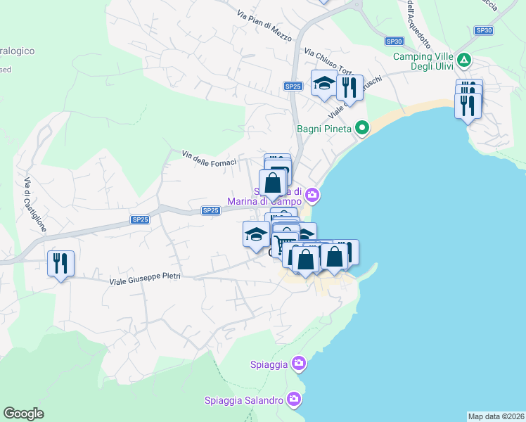 map of restaurants, bars, coffee shops, grocery stores, and more near 33 Via Gaetano Donizetti in Marina di Campo