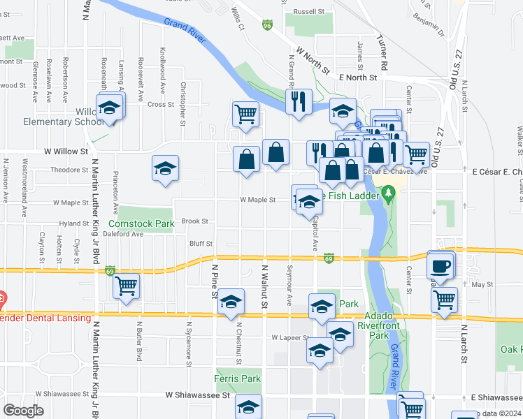 map of restaurants, bars, coffee shops, grocery stores, and more near 1023 North Walnut Street in Lansing