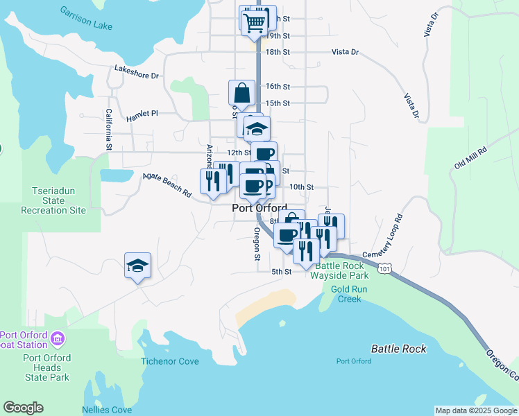 map of restaurants, bars, coffee shops, grocery stores, and more near in Port Orford
