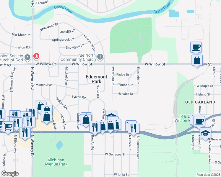 map of restaurants, bars, coffee shops, grocery stores, and more near 1010 Westfield Road in Lansing