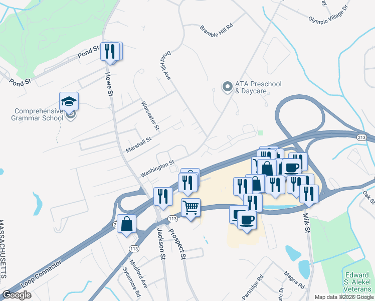 map of restaurants, bars, coffee shops, grocery stores, and more near 20 Washington Street in Methuen