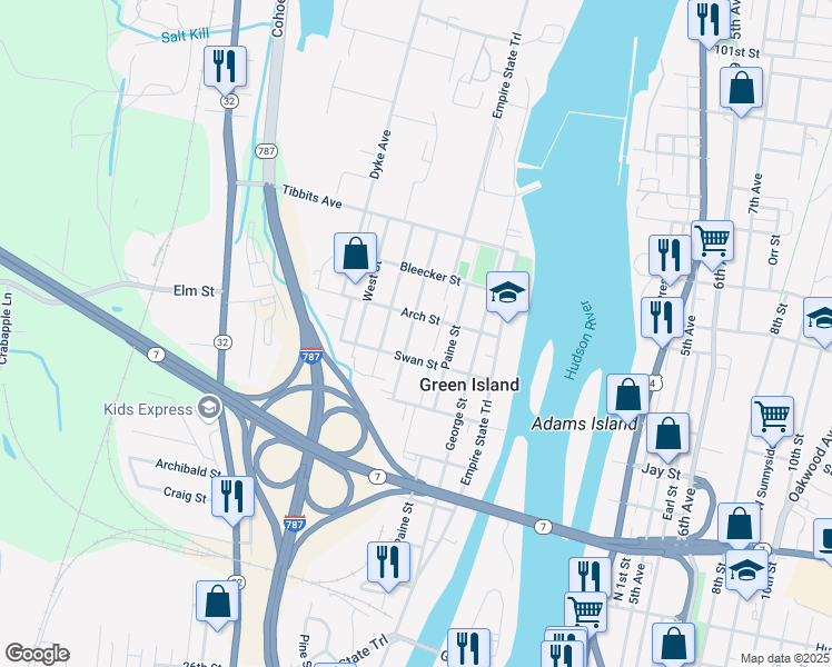 map of restaurants, bars, coffee shops, grocery stores, and more near 40 James Street in Green Island