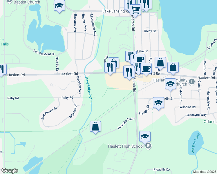 map of restaurants, bars, coffee shops, grocery stores, and more near 1673 Haslett Rd in Meridian Charter Township
