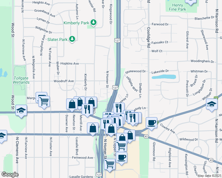 map of restaurants, bars, coffee shops, grocery stores, and more near 3012 Belmar Circle in Lansing