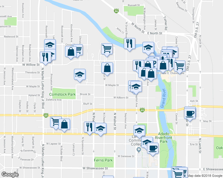 map of restaurants, bars, coffee shops, grocery stores, and more near 1018 North Chestnut Street in Lansing