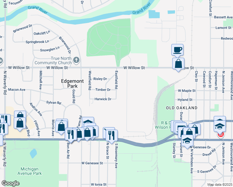 map of restaurants, bars, coffee shops, grocery stores, and more near 1007 Eastfield Road in Lansing