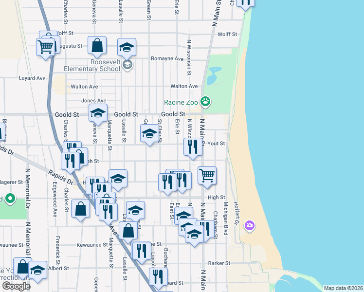map of restaurants, bars, coffee shops, grocery stores, and more near 1918 North Wisconsin Street in Racine