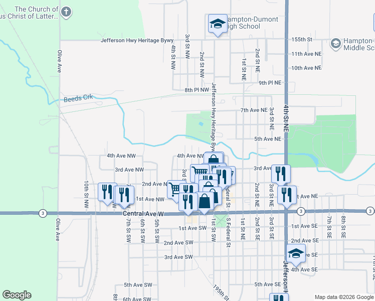 map of restaurants, bars, coffee shops, grocery stores, and more near 305 4th Ave NW in Hampton