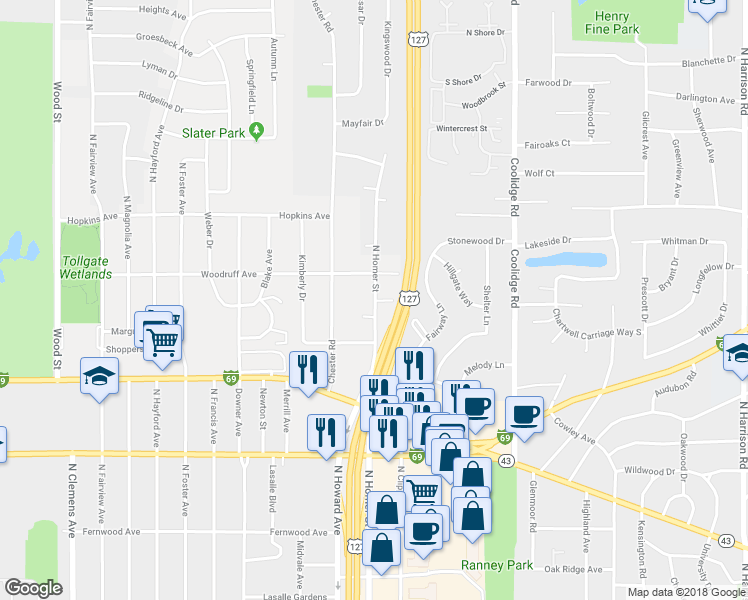 map of restaurants, bars, coffee shops, grocery stores, and more near 1034 N Homer St in Lansing Charter Township