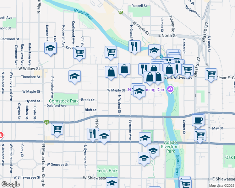 map of restaurants, bars, coffee shops, grocery stores, and more near 1025 North Walnut Street in Lansing