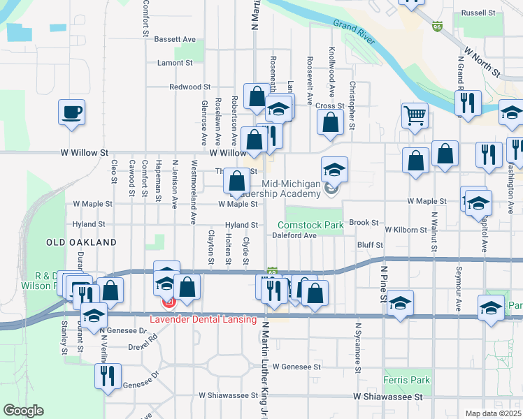 map of restaurants, bars, coffee shops, grocery stores, and more near 1014 North Martin Luther King Junior Boulevard in Lansing
