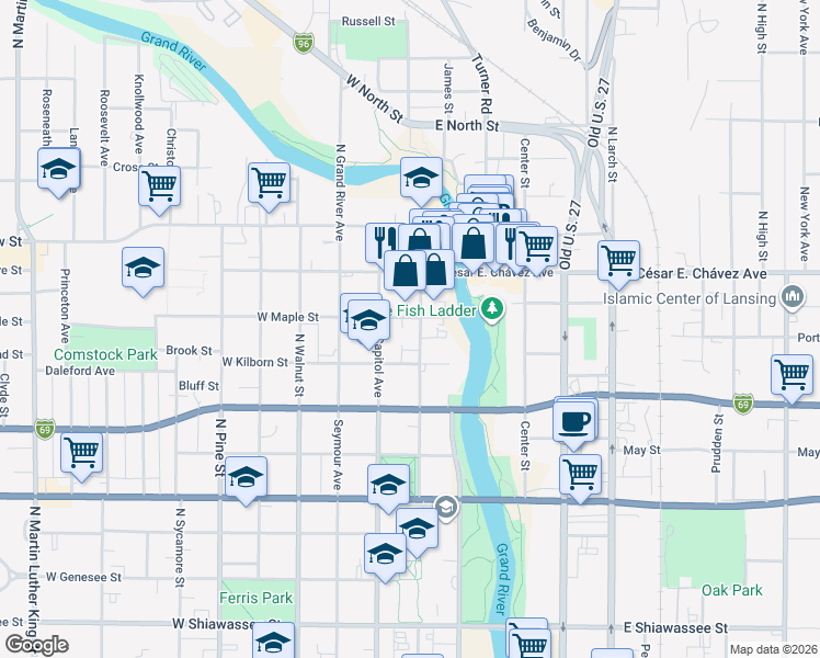map of restaurants, bars, coffee shops, grocery stores, and more near 1016 North Washington Avenue in Lansing