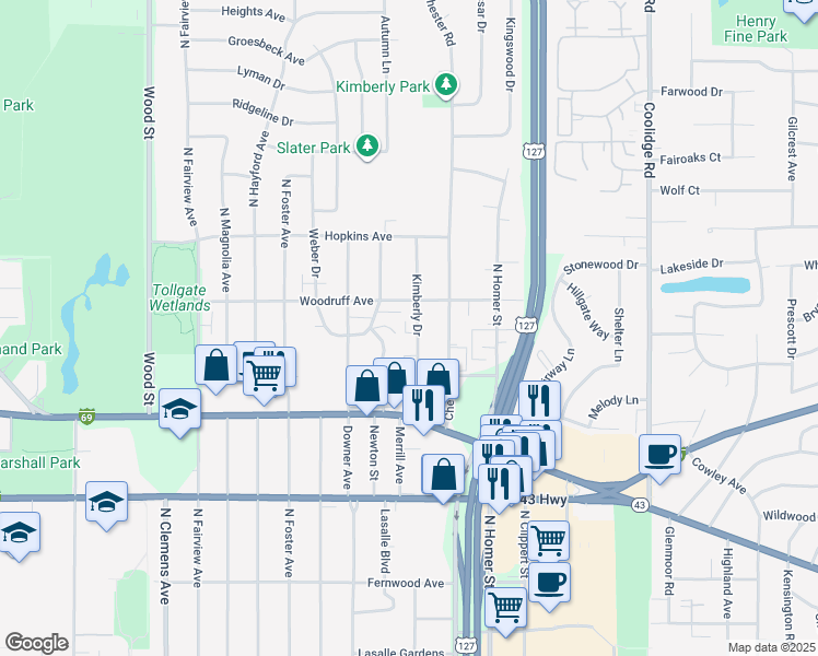 map of restaurants, bars, coffee shops, grocery stores, and more near 1111 Kimberly Drive in Lansing