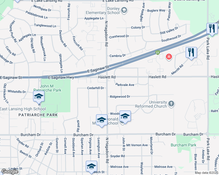 map of restaurants, bars, coffee shops, grocery stores, and more near 1104 North Hagadorn Road in East Lansing