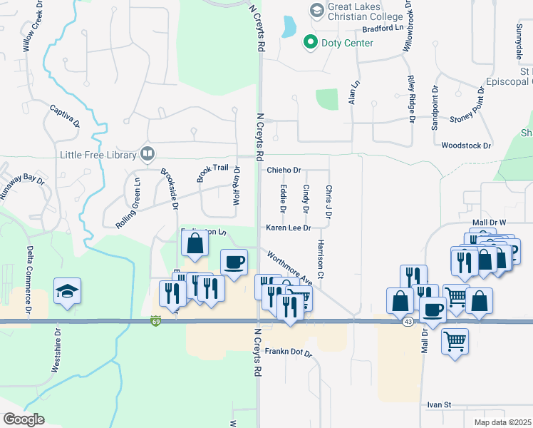 map of restaurants, bars, coffee shops, grocery stores, and more near 1024 North Creyts Road in Lansing
